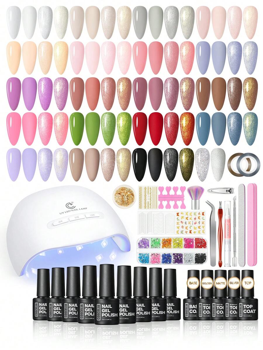 coscelia 41pcs Gel Nail Polish Set, Includes UV Lamp, Nude & Red Removable Gel Polish, Nail Rhinestone Decorative Stickers, Manicure Design Gift Set For Women Nails