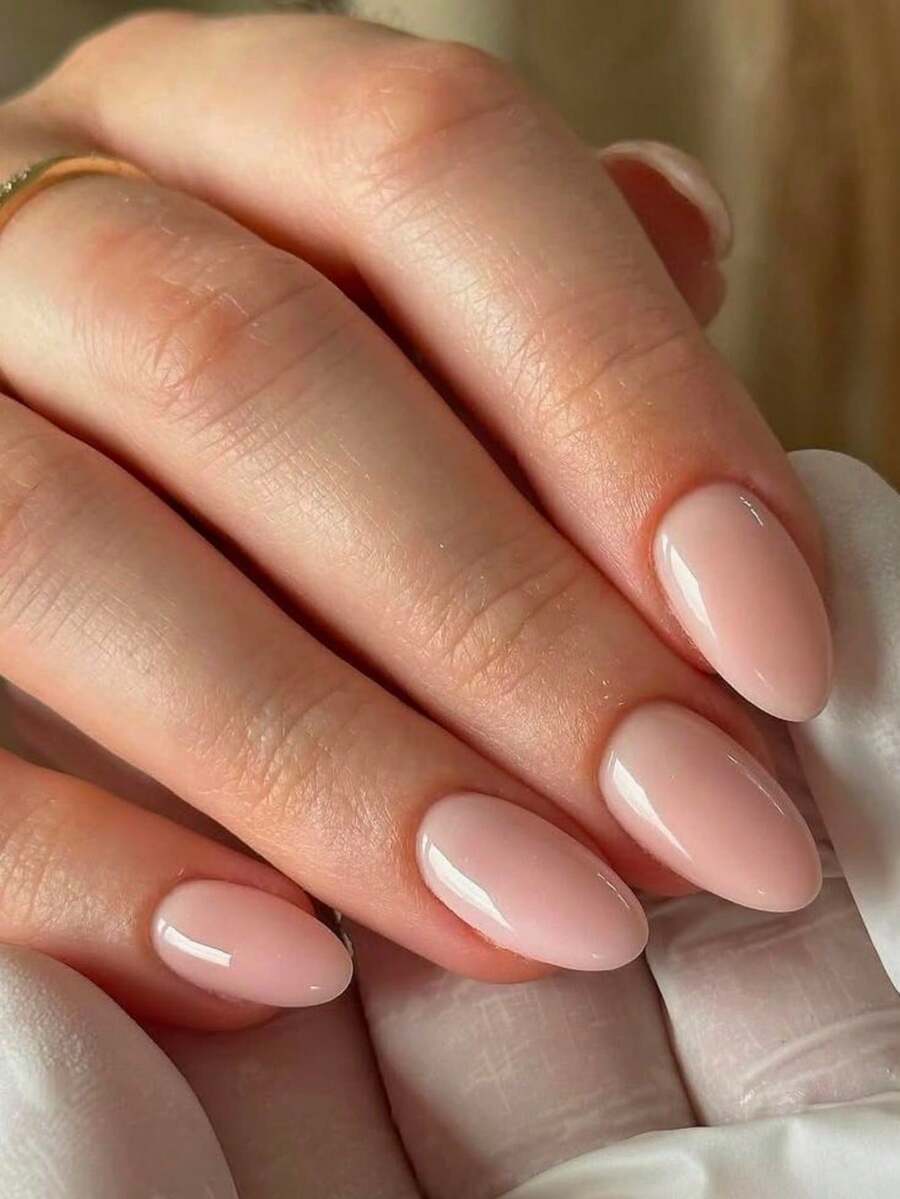 24pcs Short Oval Nail Stickers, Minimalist Solid Color Glossy Fake Nails, Suitable For Women And Girls Daily Wear, With Jelly Glue And Nail File - Baby Pink - View 1