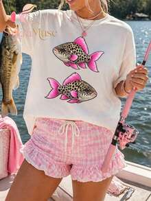 Women's Loose Fit"Leopard Zebra Pattern Fish"Printing T Shirt,Bohemian Lakeside Fishing Summer Aesthetics,Autumn Outfits,Suitable For Concerts,Vacatio - 白色 6 - 查看 2