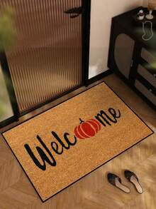 1pc Minimalist Red Pumpkin Welcome Letter Pattern Entryway Door Mat, Fun Minimalist Style Short Plush Quick-Dry Non-Slip Machine Washable Door Mat, Home Decor, Soft Furnishing Decor, Suitable For Kitchen, Bathroom, Dining Room, Entrance Mat, Party, Gathering, All Seasons, Yard Decor - Mustard Yellow - View 9