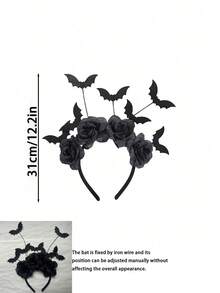 Halloween Black Rose&Bat Headband, Gothic Style Witch Headband With Black Flower, Black Gothic Demon Headpiece, Suitable For Halloween Party Headpiece, Halloween Cosplay Costumes, Themed Party Headwear, Haunted House Costumes, Holiday Photo Styling - View 8