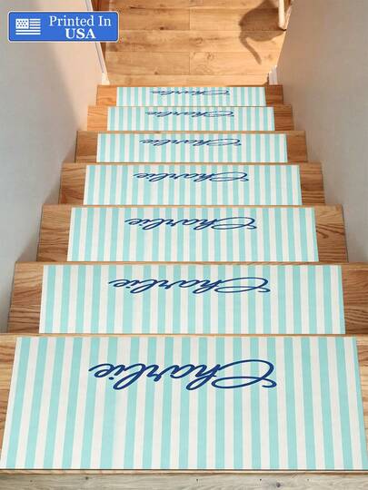 Felpudo personalizado de poliéster con texto a medida, rayas verticales azul menta y blanco, cursiva azul marino, cómodo tapete de pie para entrada, puerta, balcón, lavandería, escaleras y entrada de madera de villa, estilo minimalista