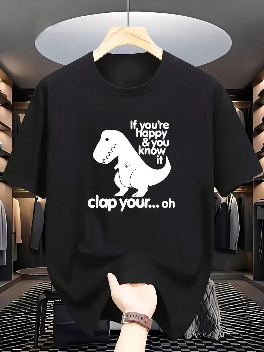 White Short-Sleeved T-Shirt/Displayed In A Fashion Cloakroom Scene: Decorated With A Black Cartoon Tyrannosaurus Rex Silhouette And Humorous Text "If - Black - View 1