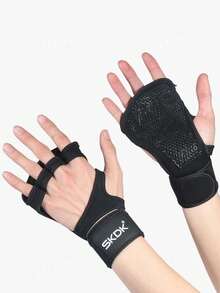 1 Pair Unisex Breathable Weightlifting Fitness Gloves, Built-In Wrist Support, Anti-Slip Silicone Palm, Suitable For Various Gym Training And Exercise - Black - View 2