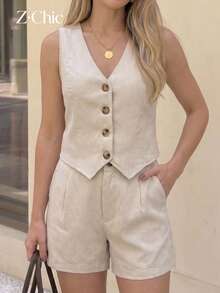 2 piezas/Set Conjunto de top de tirantes y pantalones cortos de unicolor para mujer, adecuado para ir al trabajo, reuniones casuales y viajes, elegante y a la moda - Albaricoque - Ver 5