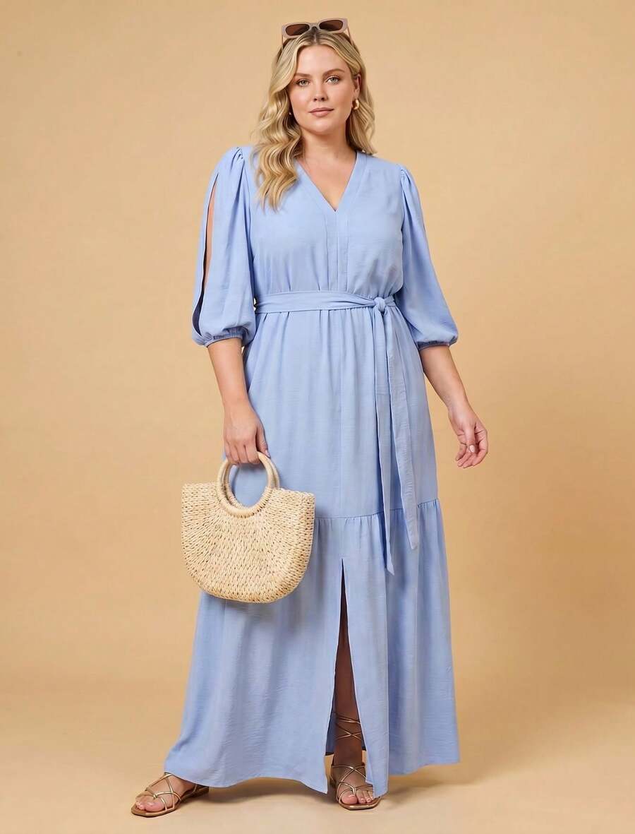 Women's Plus Size Long Dress Duna Flowy 3/4 Sleeve V-Neck Waist Tie Slit Ruffled Hem With Slit - 淺藍色 - 查看 1