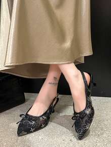 亮面水鑽蝴蝶結銀色優雅尖頭顯瘦女款高跟一腳蹬鬆弛粗跟單鞋 - 黑色 - 查看 6
