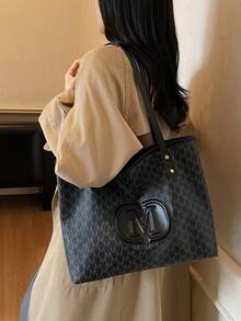 Bolso Tote de Mujer Estilo Europeo y Americano para el Trabajo, Bolso de Hombro de Moda, Bolso de Mano de Gran Capacidad con Estampado Vintage Minimalista - Negro - Ver 3