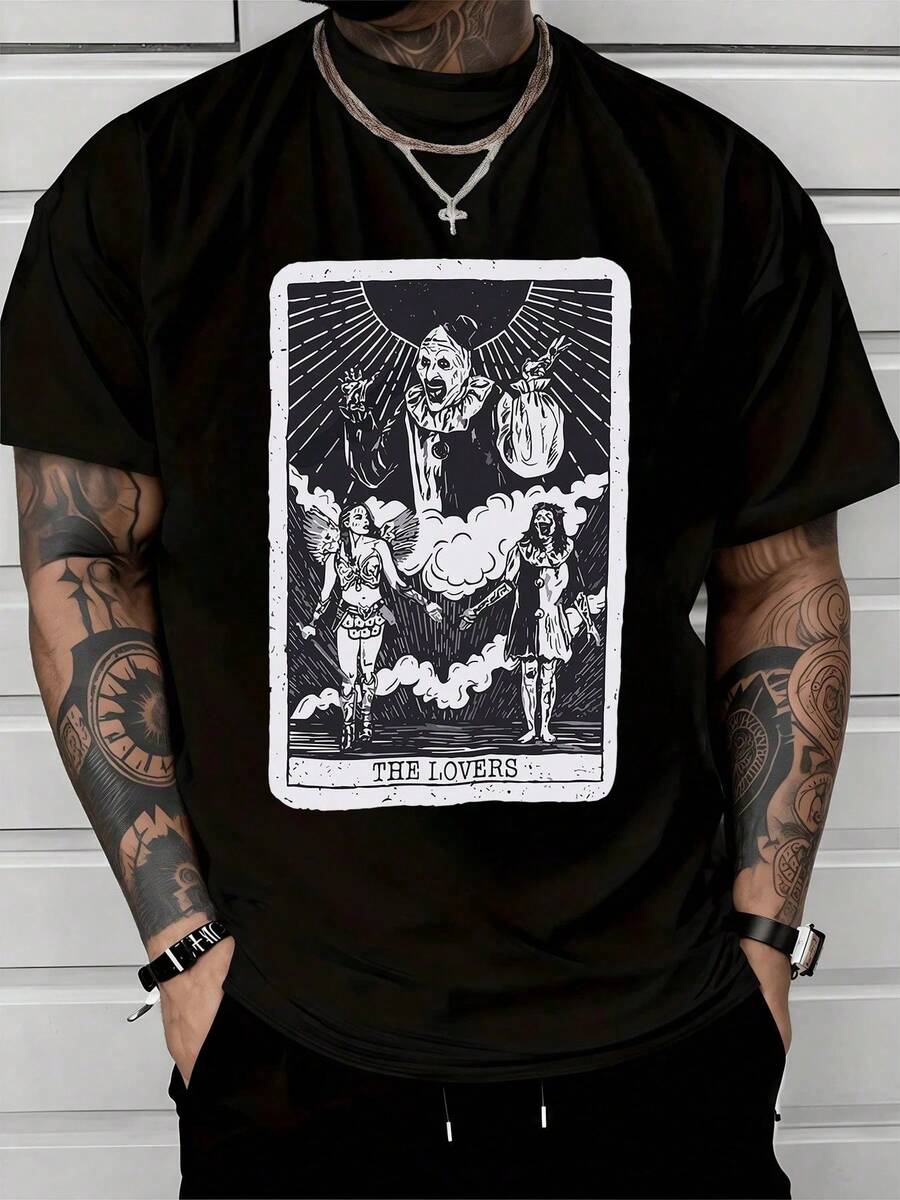 Camiseta estampada de manga corta, cómoda para el uso diario, diseño elegante, camiseta duradera, cuello redo, corte regular, estilo casual, ideal para regalos de Acción de Gracias y Navidad - Negro - Ver 1