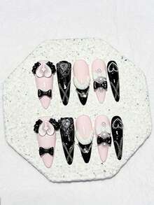 10pcs Y2K Cute Black & Pink Bow Polka Dot Detachable Reusable Nail Art Stickers (1 Sheet Jelly Stickers + 1 Nail File) Handmade Press On Nails - Multicolor - View 14