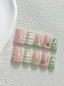 10片清新風手工穿戴甲，Polygel美甲套組，線條藝術與手繪花卉，綠色、粉色、白色指甲油，極簡風格，含美甲工具，3種尺寸可選，杏仁形、鴨嘴形、棺材形，適合派對、跳舞、日常配戴 - 彩色 - 查看 13