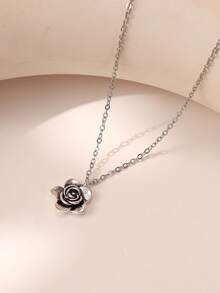 1pc Vintage Silver Rose Flower Pendant Necklace, Retro Hollow Floral Collarbone Chain, Elegant Gothic Jewelry Gift For Women Daily Party Wear - Flower Pendant Necklace - View 3