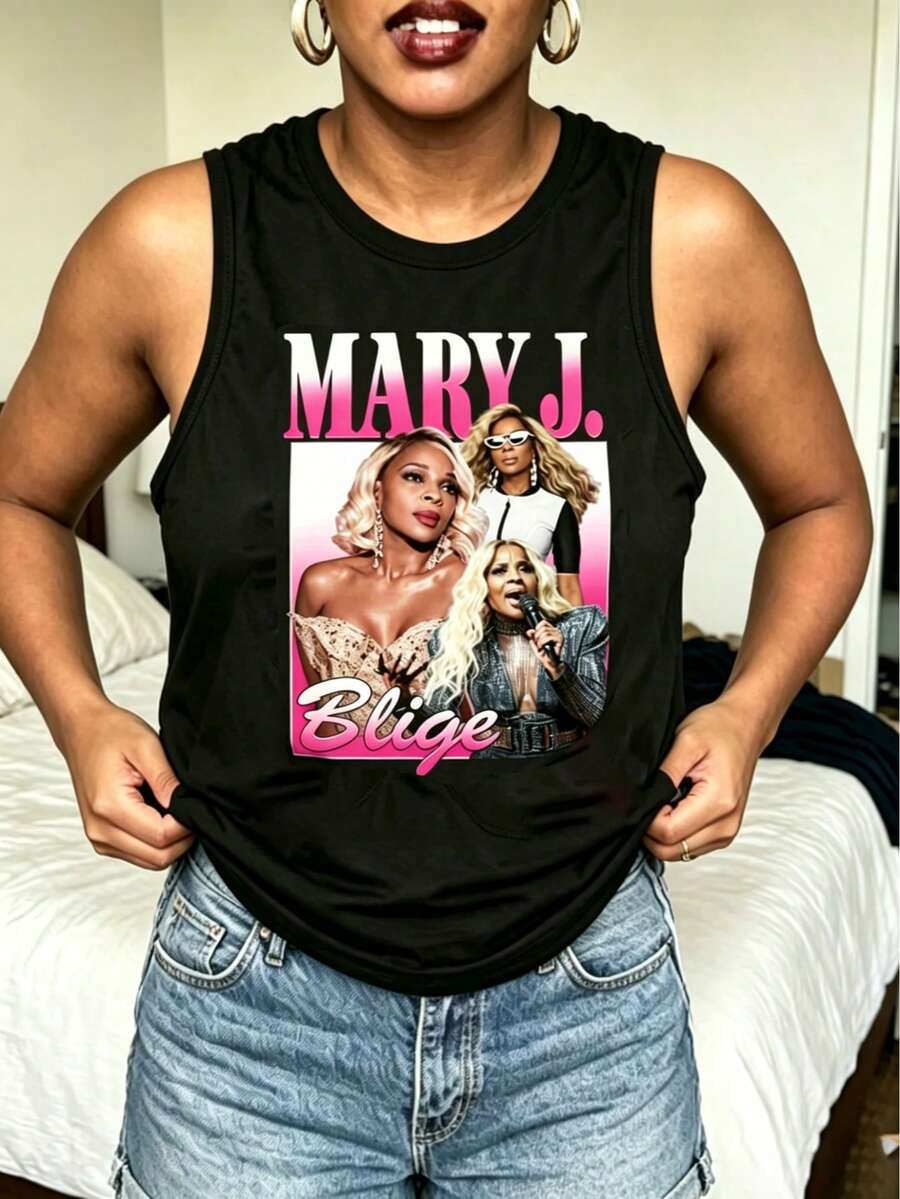 Mary J Blige Graphic Tank Tops Women, Y2K Summer Sleeveless Tops, Music Festival Going Out Crop Tops, Casual Streetwear - 黑色5 - 查看 1