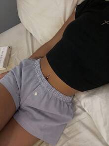 女款彈性高腰條紋休閒寬鬆短褲，春夏款，寬鬆版型，輕量材質，適合海灘、跑步、居家、購物 - 藍色 - 查看 4