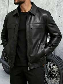Men's Spring/Autumn Black Leather Jacket With Turn-Down Collar, Dual Patch Pockets Design, Slim Fit, Solid Color Zipper Jacket, Versatile Daily Commute Top - Black - View 2