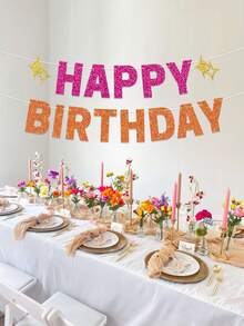 1pc Pink And Orange Glitter Happy Birthday Banner With Gold Stars, Bright Color Birthday Party Garland, Suitable For Girls And Women, Summer Birthday Party Decoration, Photo Backdrop, Dessert Table Party Supplies - Hot Pink Orange - View 4