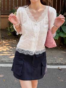 Women's Spliced Lace Summer French Gentle Single-Breasted Shirt White - White - View 3