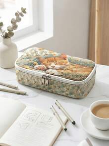 1pc, Cat Pattern Printed Large Capacity Pencil Case For Teenagers, Compartment Pencil Bag, School Storage Bag, Storage Box, Back , First Day Of School - Multicolor - View 3