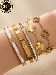 18k Gold Plated Women's Luxury Minimalist Pointed Flower Bracelet & Bangle Set, Stackable, 304 Stainless Steel Long-Lasting Color, Suitable For Daily Commute, Street Shopping, Bar Nightclub Dancing, Birthday Party, Christmas Holiday Gift And Other Occasions - Gold - View 9