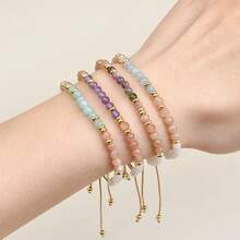 1pc Elegant Minimalist 4mm Natural Moonstone, Sunstone & Aquamarine Braided Adjustable Bracelet, Energy Healing Crystal Stone Jewelry For Women, Suitable For Daily Wear, Vacation, Layering, Versatile Accessory, Perfect Gift Choice - Multicolor - View 5