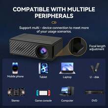 Proyector LCD portátil mini, compatible con 1080P Full HD, duplicación de pantalla por cable, pantalla de proyección ajustable de 32 a 100 pulgadas, sonido estéreo integrado y equipado con control remoto, con USB, múltiples interfaces de audio, compatible con teléfonos, portátiles, unidades USB, consolas de juegos, adecuado para cine en casa, dormitorio, viajes y ver películas al aire libre - Negro - Ver 3