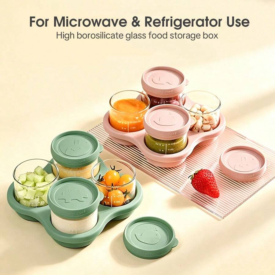 [4pcs]Baby Food Storage Containers With Tray And Lid - Portable Baby Meal Prep Boxes, Cute Pattern Design Suitable For Travel, Puree, Steamed (120ml)