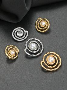 10pcs Spiral Swirl Faux Pearl Metal Buttons, Mixed Gold & Silver Tone Asymmetrical Size Wavy Edge Decorative Buttons, Suitable For Shirts, Dresses, Sewing Accessories - Multicolor - View 3