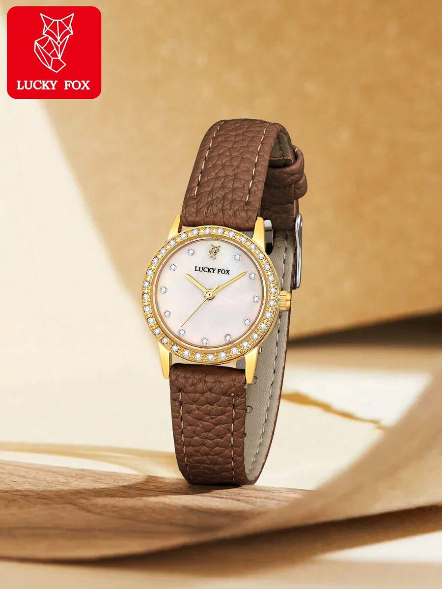 LUCKYFOX 1pc Boxed Teen Boys Girls Student Rhinestone Gold-Trim Mother Of Pearl Dial Black Leather Strap Quartz Watch, Suitable For Daily Wear, Holiday Gift, Halloween, Christmas Gift - Brown - View 1