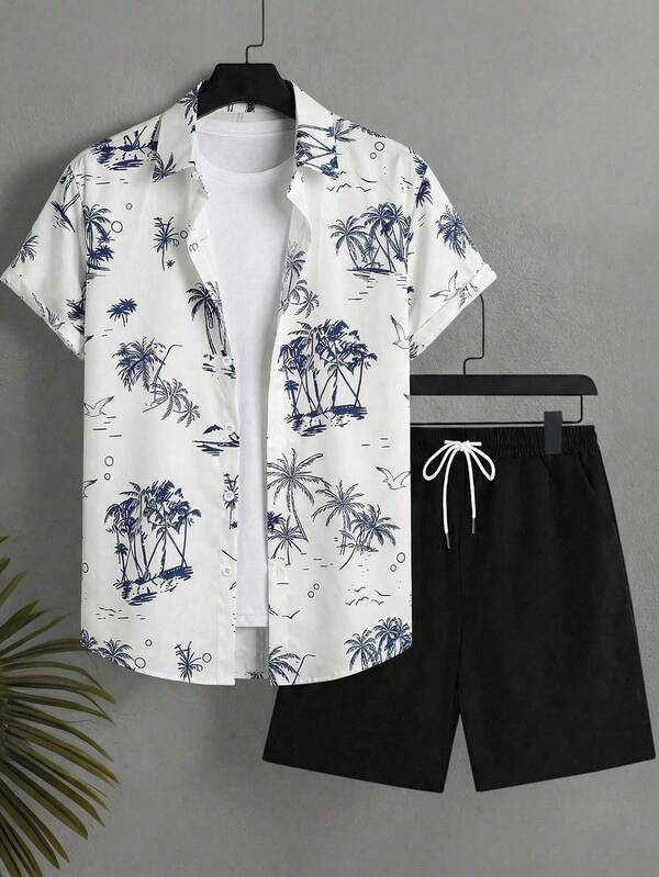 Conjunto casual de vacaciones de playa con estampado de hojas, compuesto por una camisa de manga corta de solapa única y pantalones cortos para hombre