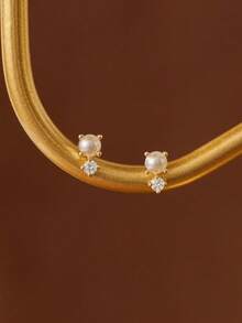 14K Gold Plated Round Pearl & Zirconia Necklace & Earrings Set, Elegant & Fashionable, Hypoallergenic, Perfect Gift For Women - Gold - View 5