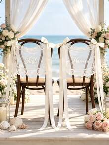 1pc Ivory Lace "Just Married" Chair Back Decor With Long Satin Ribbon Bow, Suitable For Groom & Bride Banquet Chairs, Church Ceremony, Bridal Party, Wedding Couple Chairs Decoration And Photo Backdrop Chair Decor - Off-white - View 6