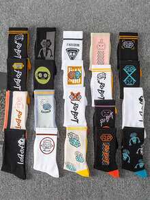 1/5 Pairs Men Robot Cartoon Print Crew Socks, Multi Color Novelty Graphic Casual Streetwear Socks - Multicolor - View 2