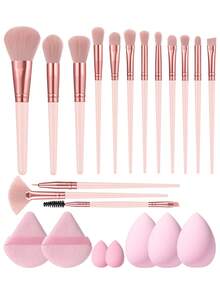6/22pcs Pink Makeup Brush & Accessory Set, 15 Soft Face & Eye Brushes, Triangle Powder Puff, Mini & Large Water Drop Makeup Sponges, Multi-Functional Reusable Makeup Tools, Suitable For Daily Full Face Makeup - Pink - View 1