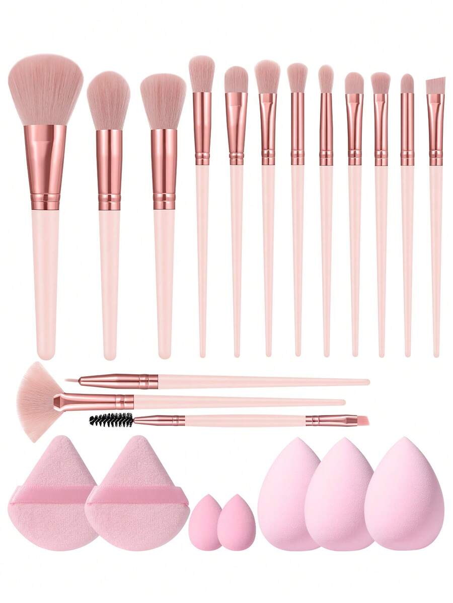 6/22pcs Pink Makeup Brush & Accessory Set, 15 Soft Face & Eye Brushes, Triangle Powder Puff, Mini & Large Water Drop Makeup Sponges, Multi-Functional Reusable Makeup Tools, Suitable For Daily Full Face Makeup - Pink - View 1