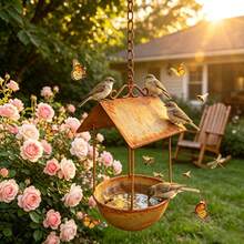 Vintage Rusted Metal Hanging Bird Bath With Roof, Outdoor Hanging Decoration For Garden, Yard, And Patio, Bird Watching Decor, Gardening Gift For Bird Lovers - Outdoor Garden Decoration - View 2
