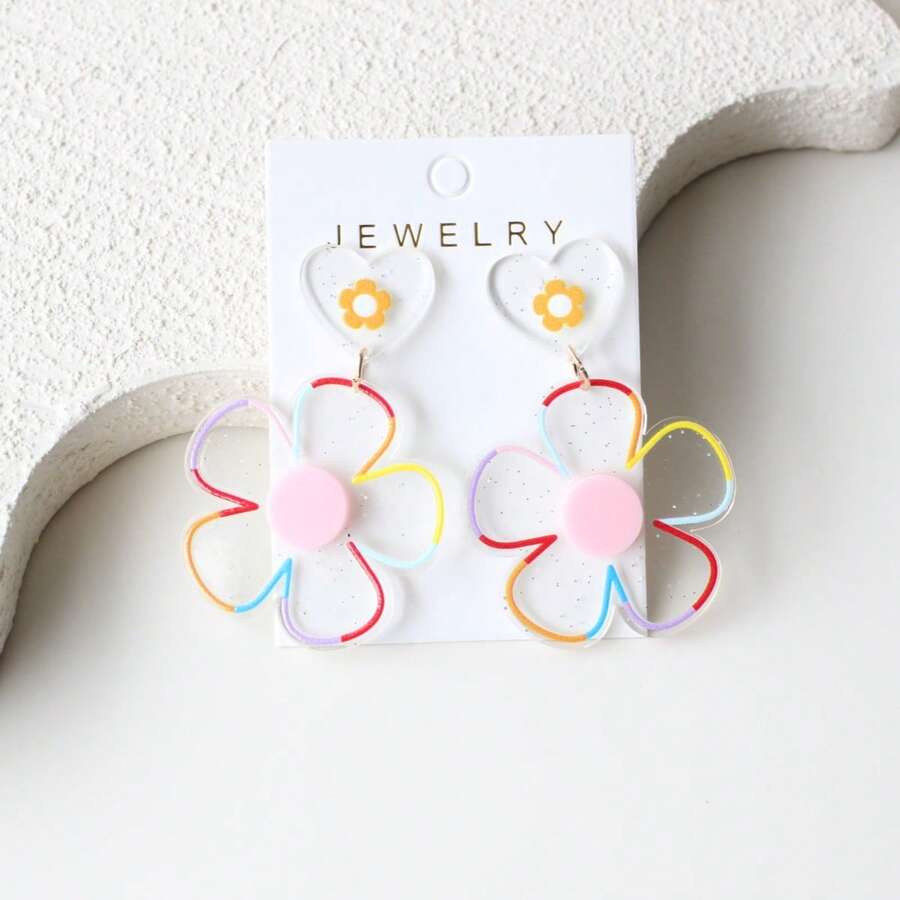 1 paire de boucles d'oreilles pendantes exagérées en acrylique transparent avec paillettes et fleurs pour femmes, brillantes, excentriques, mignonnes et élégantes, convenant pour le port quotidien, les fêtes, les vacances, les cadeaux, les cadeaux de fête - Y1351 - Voir 1