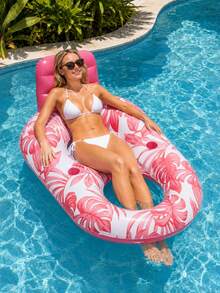 Inflatable Pool Lounger, Mesh Seat Water Float, Cooling Floating Bed For Swimming Pool, Tropical Leaf Design - Pink - View 6
