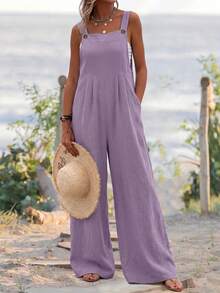 Women's Casual Solid Color Button Strap Wide Leg Jumpsuit, Spring/Summer - Purple - View 3