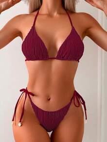 Women's Solid Color Special Wave Texture Fabric Triangle Back Bikini 2 Pieces Set Summer - Burgundy - View 1