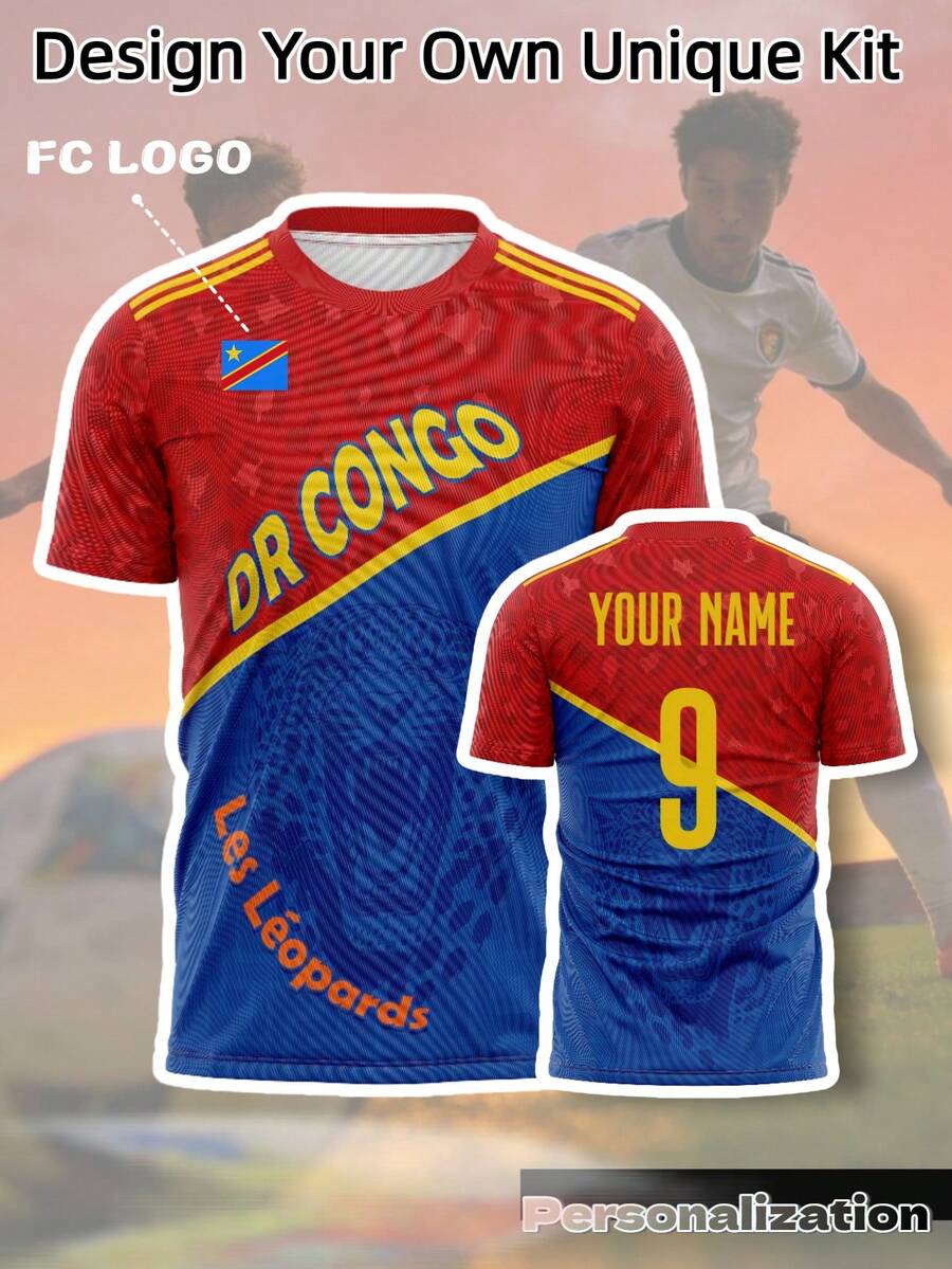 Camiseta de fútbol con contraste rojo & azul, esquema de colores de la bandera nacional con patrón de estampado de leopardo oscuro, deportes de partido de fútbol 2026 - Rojo - Ver 1