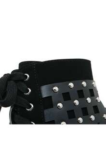 Gdgydh Women Ankle Boots Platform Lace Up Punk Heeled Motorcycle Boots Sexy Fashion Rivets Black Ankle Boots For Woman Spring Autumn Cosplay Shoes - Black - View 11