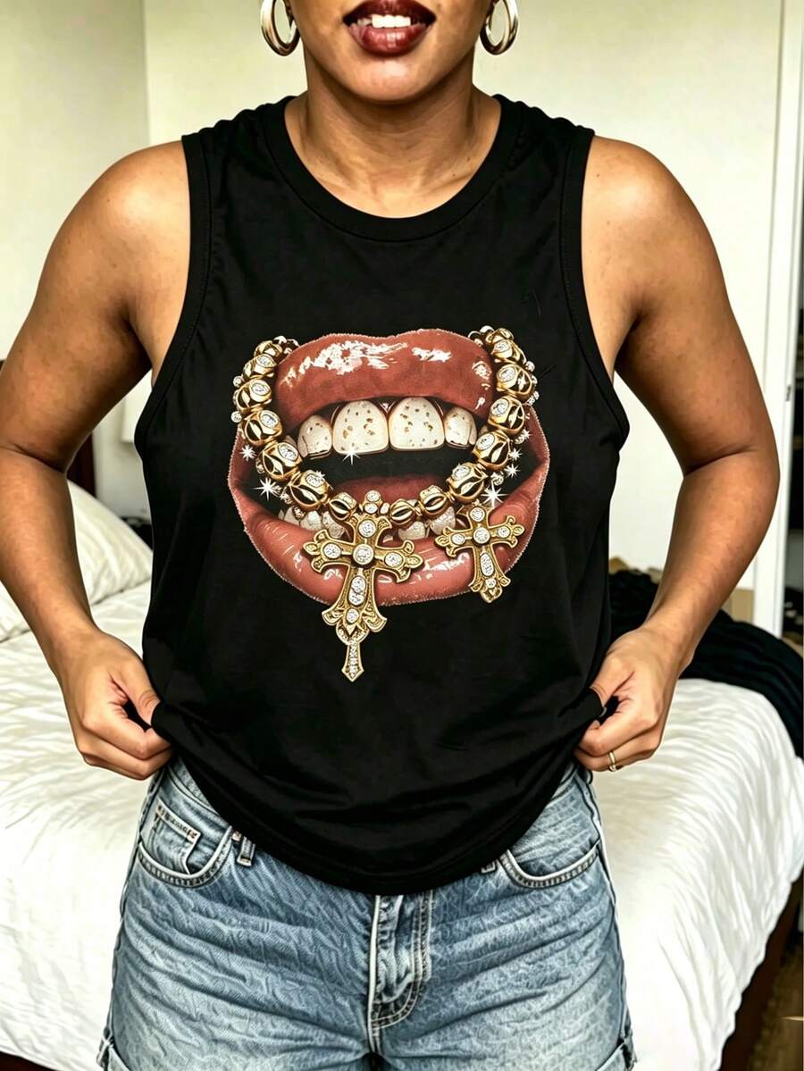 Women Round Neck Vest Top, Portrait Graphic Printed Top, Suitable For Spring, Summer And AutumnUnisex Vintage Washed Tank Top - 黑色3 - 查看 1