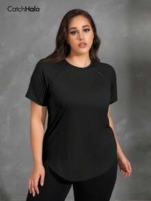 Plus Size Women Casual Sports T-Shirt, Round Neck With Curved Hem, Black - Black - View 6