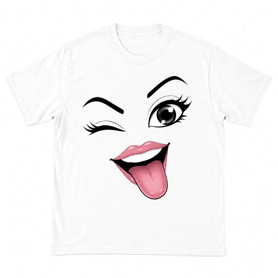 Unisex Short Sleeve Round Neck Cotton T-Shirt Retro Style With Robot Print And Facial Expression - 白2 - 查看 1