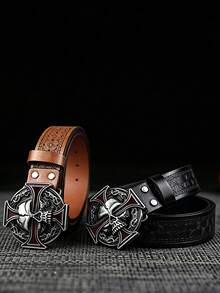 1pc Unisex Western Style Belt, Vintage Design, Personalized Fashion Alloy Buckle, 1.46in/3.7cm Wide Embossed Belt, Length Adjustable, Perfect Gift For Western Cowboy - Multicolor - View 1