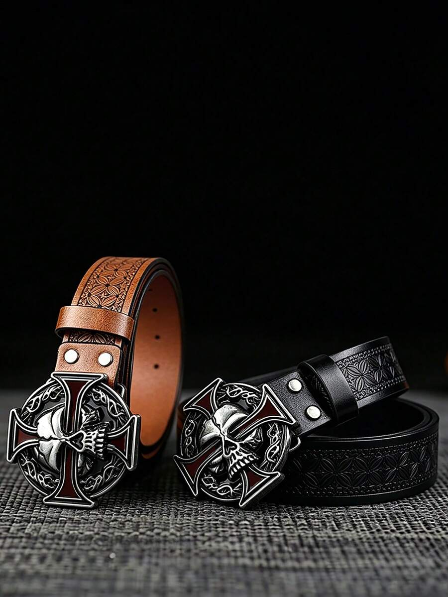 1pc Unisex Western Style Belt, Vintage Design, Personalized Fashion Alloy Buckle, 1.46in/3.7cm Wide Embossed Belt, Length Adjustable, Perfect Gift For Western Cowboy - Multicolor - View 1