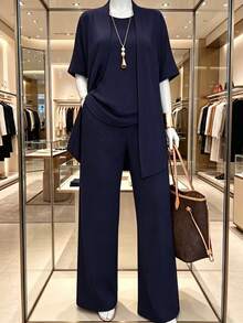 3pcs Casual Plus Size Women's Suit Set: Loose Solid Color Short Sleeve Jacket, Round Neck Tank Top, And Straight Leg Pants. Summer Elegant - Deep Royal Blue - View 5