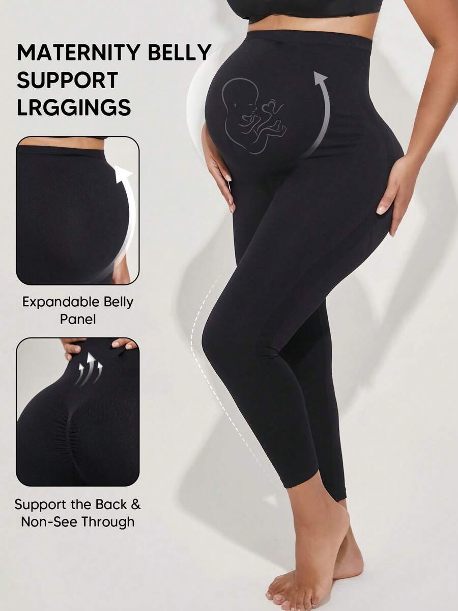 Leggings de maternidad de unicolor con alta elasticidad y soporte abdominal en negro - Negro - Ver 1