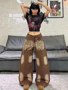 1件美式街頭風女款多眼手繪圖案寬腿牛仔褲，寬鬆四季牛仔長褲（不含腰帶/配件）休閒 - 咖啡棕 - 查看 4
