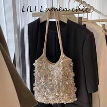 Silver Mixed Sequin Mesh Shoulder Bag With Thin Double Shoulder Straps, Featuring Asymmetrical Large Round Sequin Patchwork. Shiny Reflective Sequins Sparkle Under Light, Compact Capacity Can Hold Lipstick, Earphones And Coins, Sweet And Sparkling Design Is Ideal For Nightclub, Dinner Date And Party Outfits. - Beige - View 7